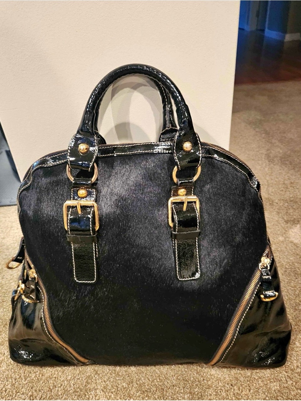 Italian Chiara Gioa’s Black Patent-Trim Satchel with Calf Hair & Gold Accents